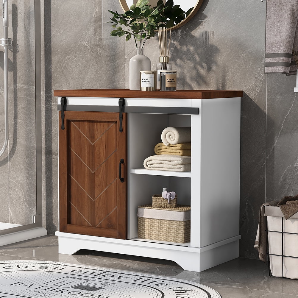 Resenkos Freestanding Bathroom Storage Cabinet,Brown Sliding Barn Door, Thick Top, Adjustable Shelf, White and Brown Resenkos Freestanding Bathroom Storage Cabinet,Brown Sliding Barn Door, Thick Top, Adjustable Shelf, White and Brown