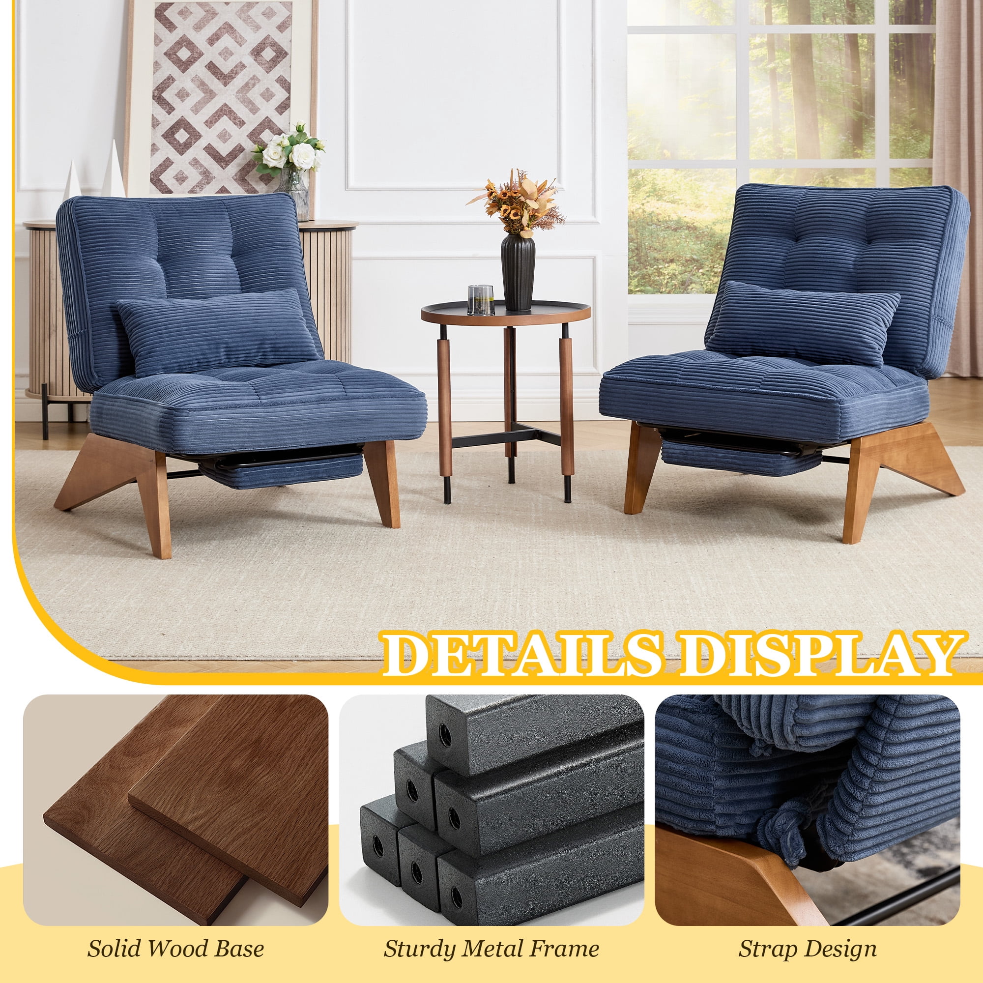 MOONMISS Modern Adjustable Lounge Chair with Footrest,Wooden Base Upholstered Recliner for Reading Rest Corduroy