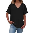 thumbnail image 2 of Women’s Summer Casual Tops Solid Color V-Neck Linen Basic T Shirt Vacation Everyday Short Sleeve Tops Black S, 2 of 8