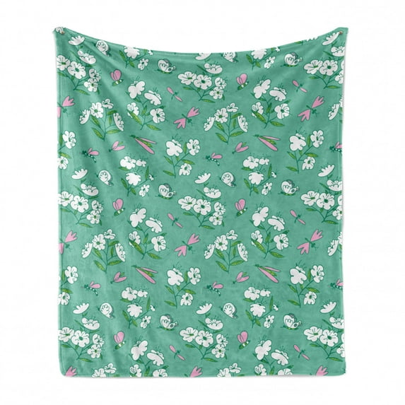 Hipster Soft Flannel Fleece Throw Blanket, Blossoming Plants and Flying Insects Botany Scene, Cozy Plush for Indoor and Outdoor Use, 50" x 70", Seafoam Baby Pink, by Ambesonne
