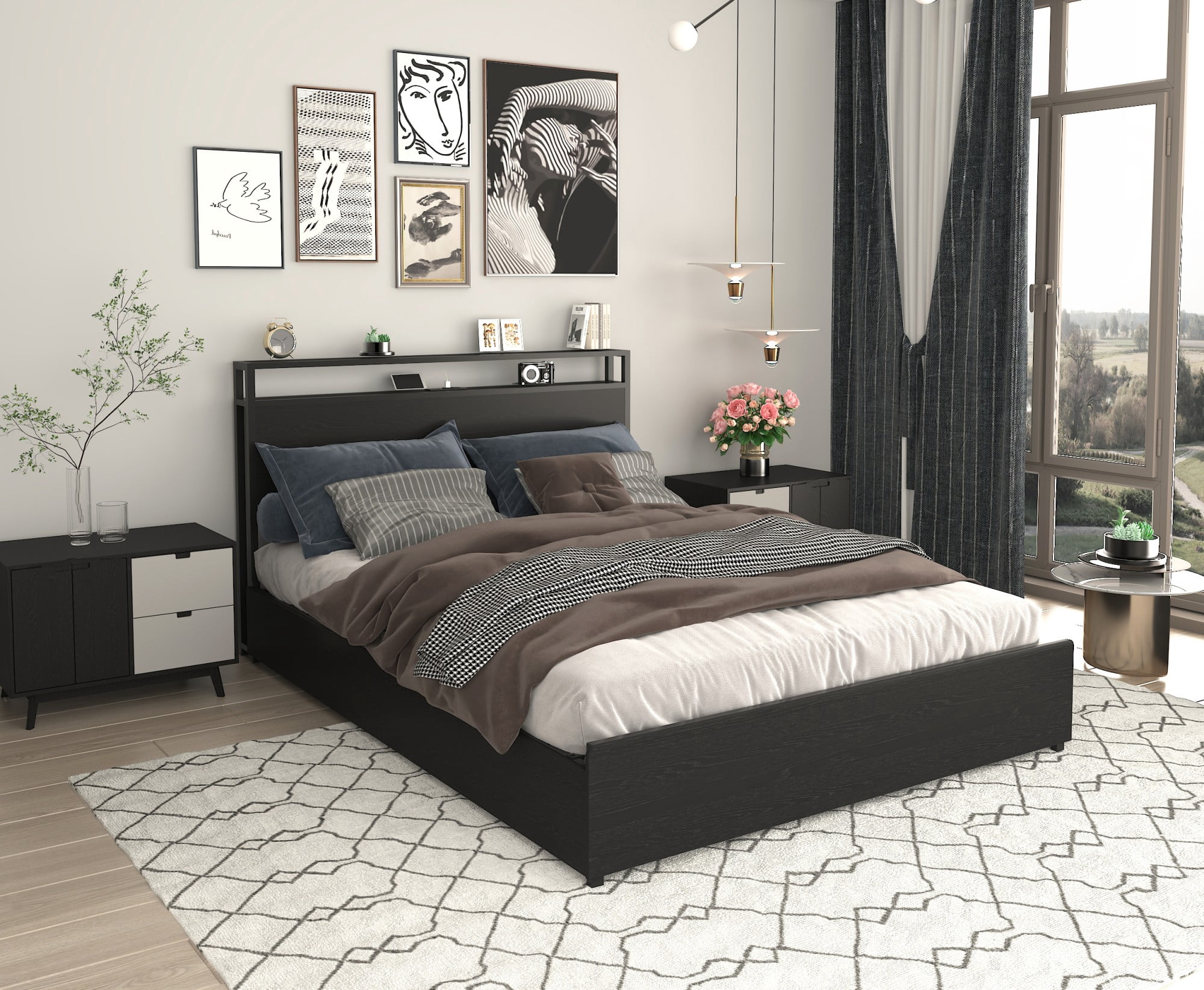 AENKYO Full Size Bed Frame with LED Lights, Storage Headboard & 4 Drawers, Built-in Charging Station, Antique Black