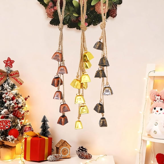 Vintage Cow Bells Set Of 4, Handmade Rustic Metal Wind Chimes With Hemp Rope, Farmhouse Wall Decor For Christmas, Shabby Chic Home Decor, Outdoor Garden Decorations, Country Farm Patio Decor