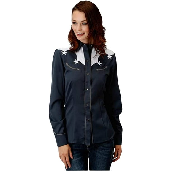 Roper Western Shirt Womens L/S Snap Navy White 03-050-0185-0322 BU Large Blue