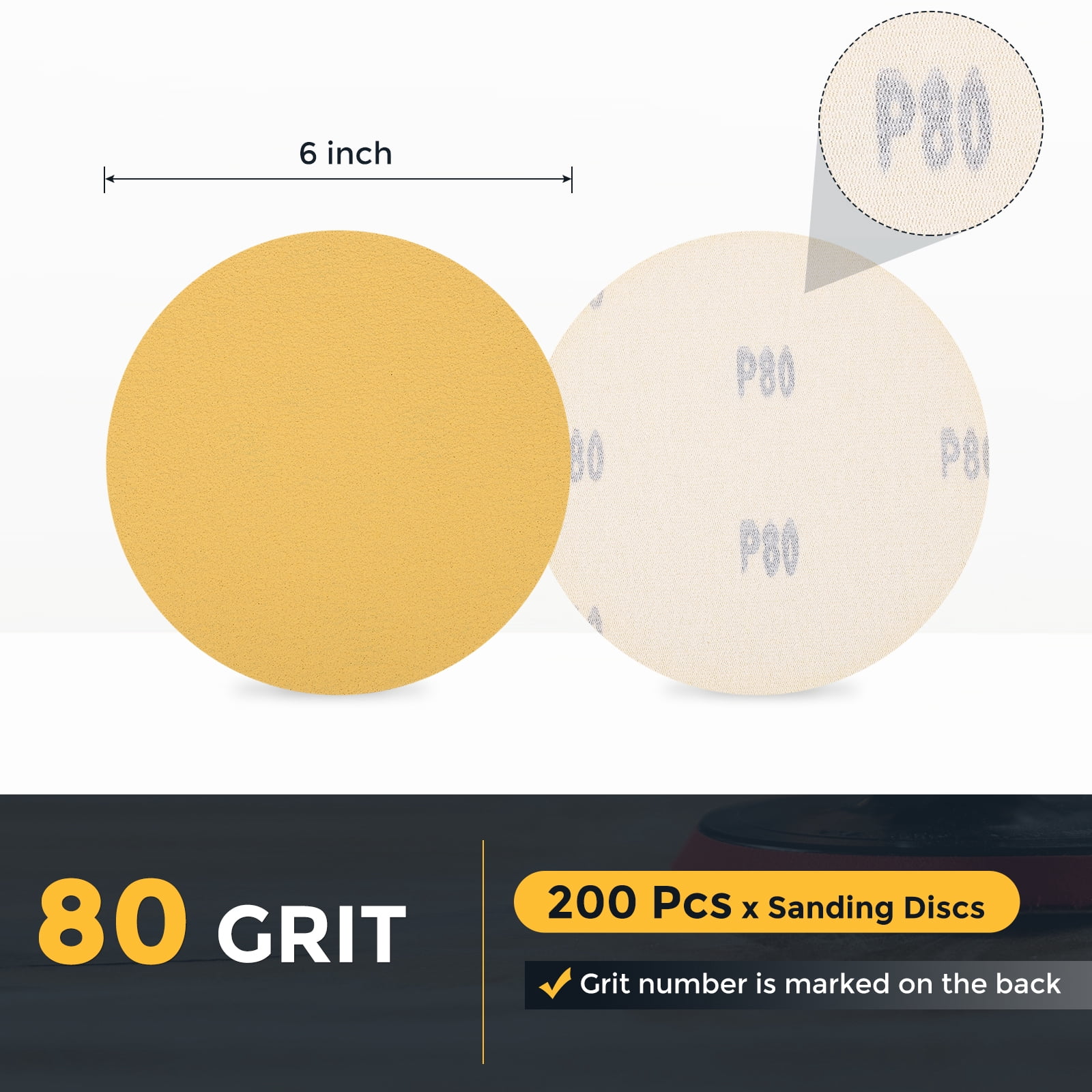 200 Pcs 6 Inch Sanding Disc 80 Grit Hook and Loop Sandpaper Random Orbital Sander Pads for Woodworking Automotive, Gold