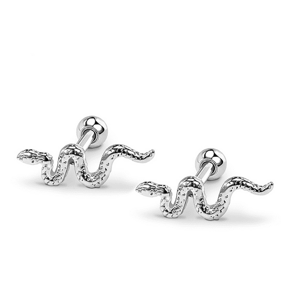 Vogem Snake Earrings Stud for Women, Silver Stainless Steel Small Studs Cartilage Funny Animal Earrings