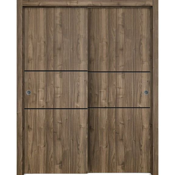 Sliding Closet Bypass Doors 36 x 80 inches | Planum 0014 Walnut with Frosted Glass | Sturdy Rails Moldings Trims Hardware Set | Wood Solid Bedroom Wardrobe Doors