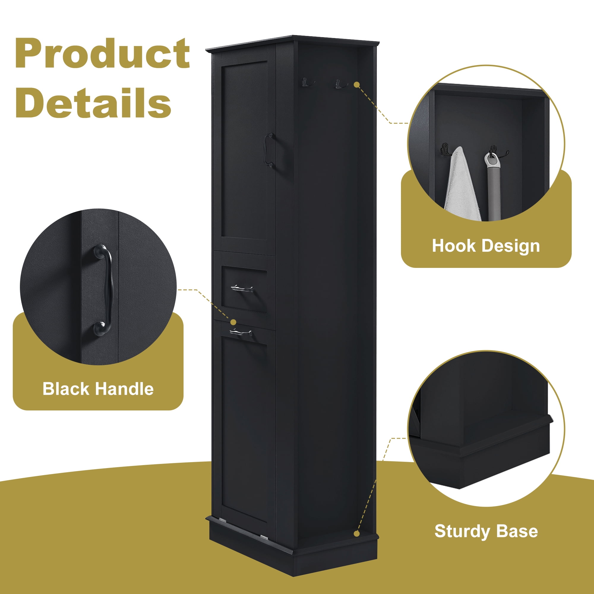 Tall Storage Cabinet 67.8 Inch, Bathroom Organizer with Tilt-Out Compartment and Adjustable Shelves, Tall Narrow Cabinet for Laundry Room and Kitchen, Black