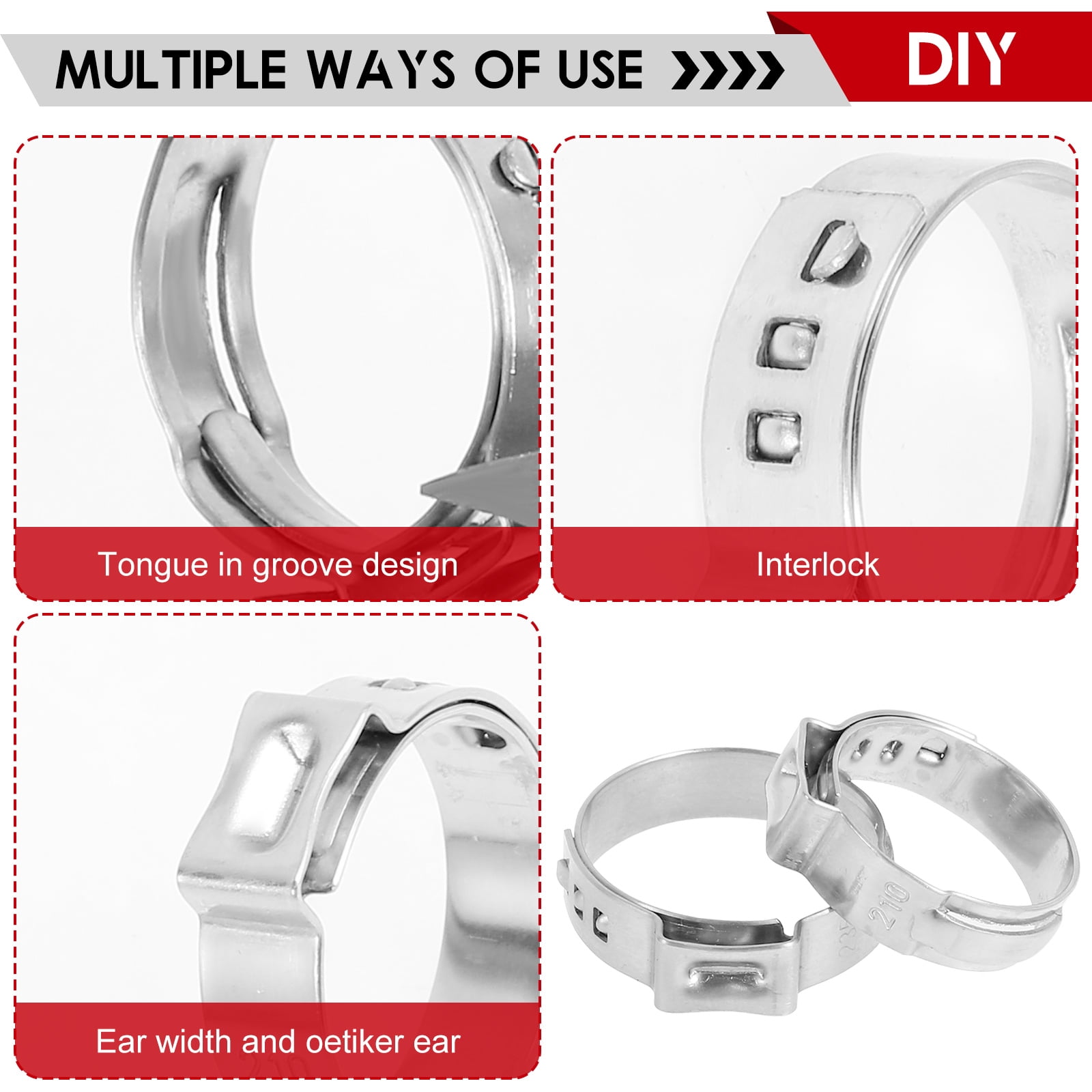 AEVXKHI 180PCS Single Ear Hose Clamps, 6.5 to 33.1mm 12 Sizes, 304 Stainless Steel Crimp Hose Clamps with Pincer for Automotive Pipe Industrial Use