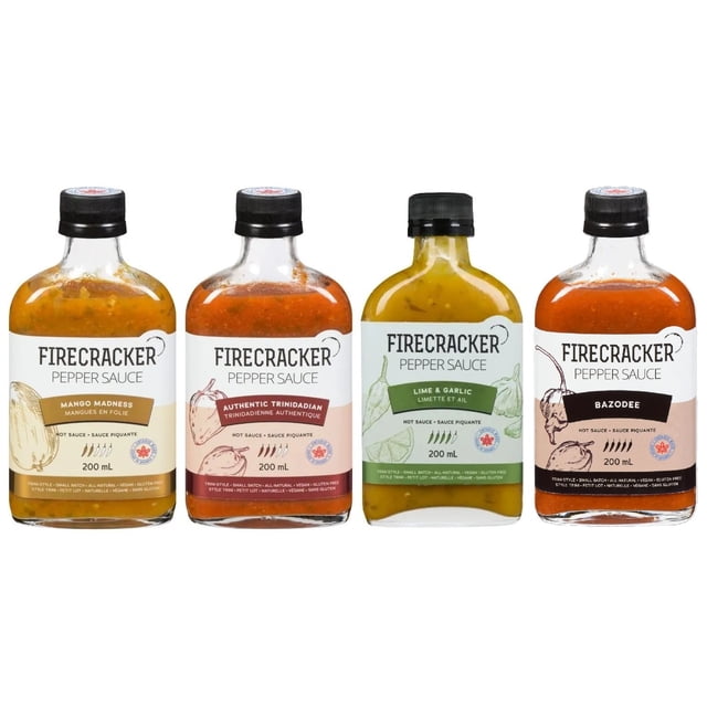 Firecracker Pepper Sauce Gift Set Ultimate Signature Collection - Includes Mango Madness 200ml, Authentic Trinidadian 200ml, Lime & Garlic 200ml, Bazodee 200ml