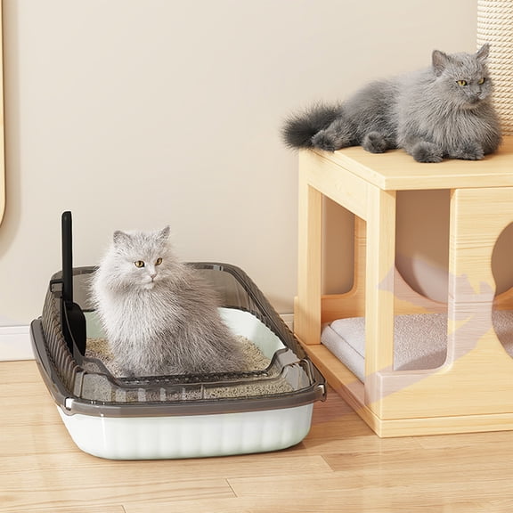 Open Top Cat Litter Box, High Splash Guard Rim, Integrated Sifting Area, Smooth Plastic Shell, Detachable Structure For Household Cat Waste Management