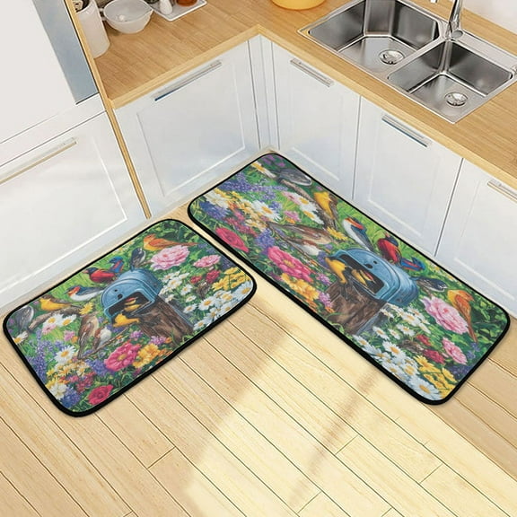 Kitchen Rugs and Mats【2 PCS】Non Skid Various Colorful Birds Creative Kitchen Mat