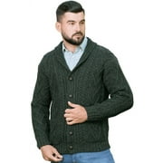 SAOL Aran Shawl Collar Fisherman Cardigan Sweater 100% Merino Wool Mens Irish Cable Knitted Buttons Jacket Made in Ireland