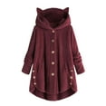 thumbnail image 2 of Women's Plush Coat with Cat Ear Hood, Solid Color Long Sleeve Jacket, Soft Warm Winter Outerwear, Cozy Single Breasted Closure Coat, Cute Animal Ear Design Plush Jacket for Women Wine M, 2 of 6