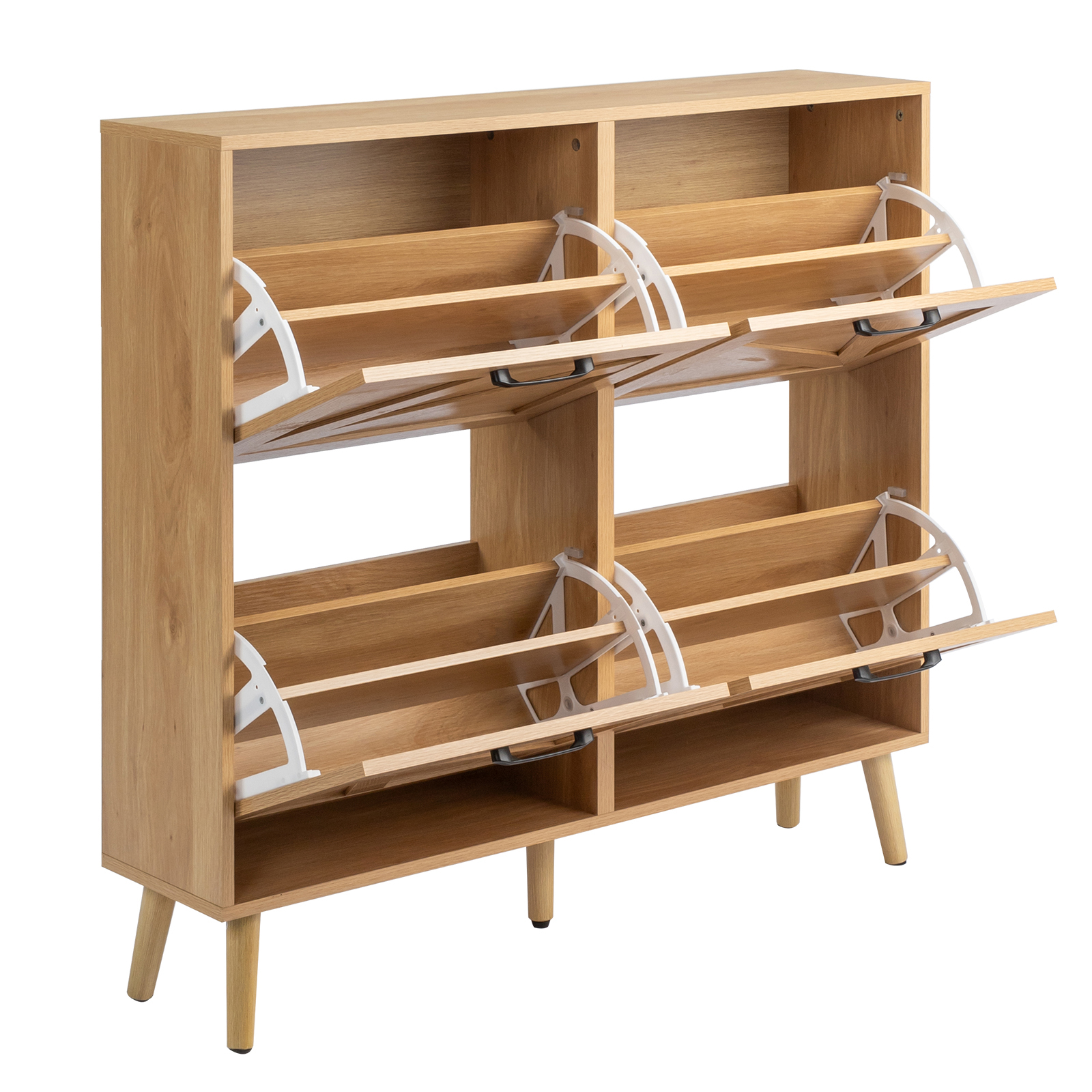 AsterOutdoor Natural Wood Finish Barn Door Flip Top Shoe Cabinet 4 Compartments Textured Relief Surface Triple Amine Laminated Particle Board Solid Wood Legs