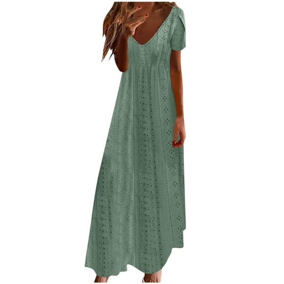 Scyoekwg Women's Summer Dresses Trendy V Neck Hollow Out Eyelet Lace Long Dresses Ruffle Short Sleeve Dress Women's Casual Dresses (Army Green,XXL)