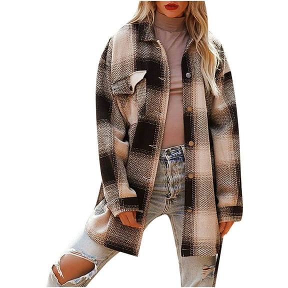 IROINNID Women's Mid-Length Woolen Coat Turndown Lapel Plaid Long Sleeve Casual Pockets Tops Plaid Coat, Black