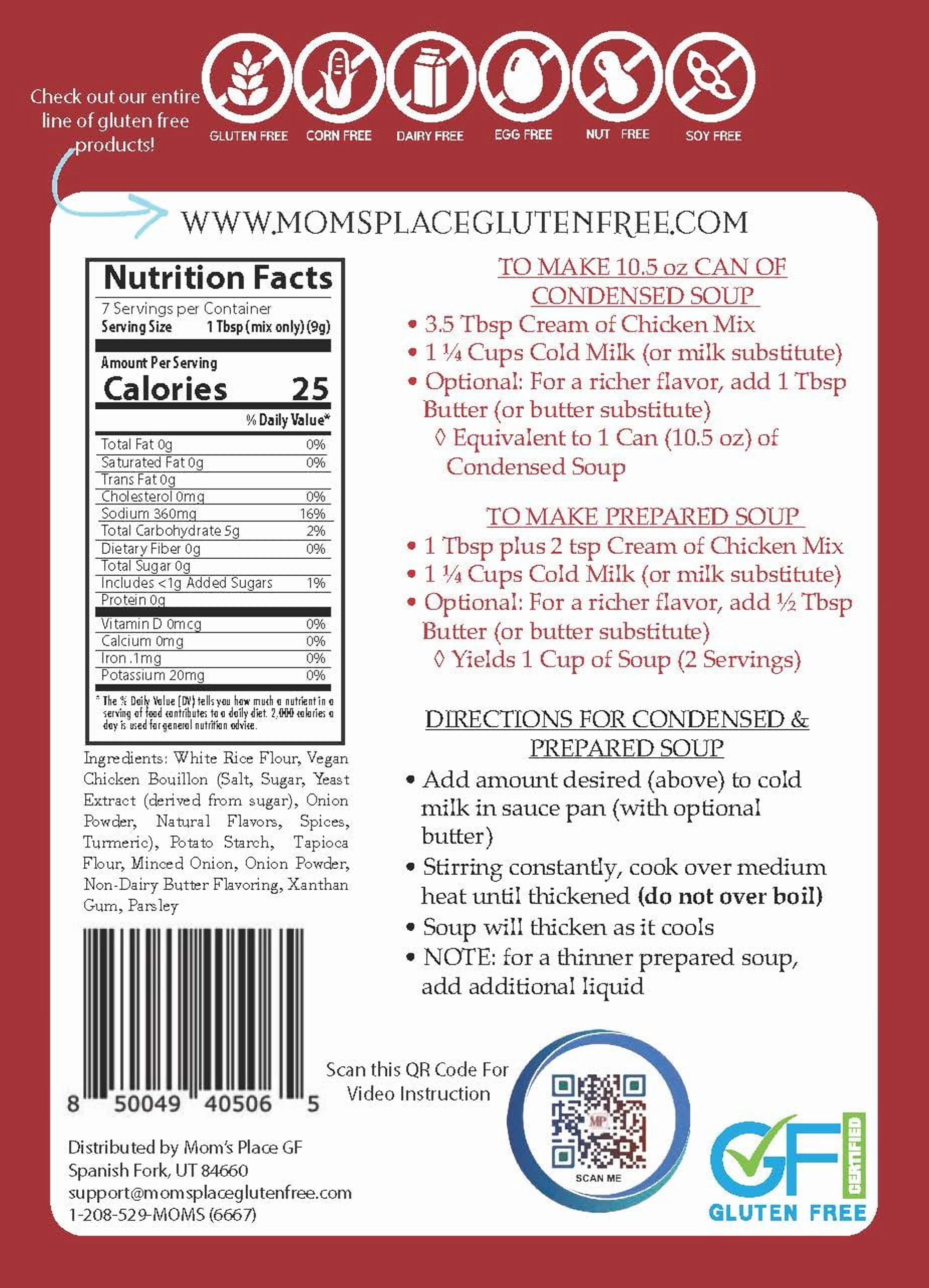 Mom's Place Gluten-Free & Dairy Free Cream of Chicken Soup Mix, Equal to 2 Cans of Condensed Soup Vegan, Nut Free & Soy Free, 2.4 oz