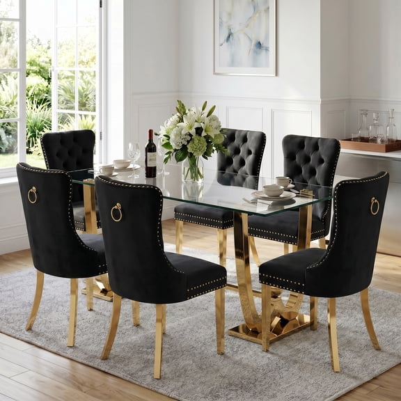 7-Piece Glass Dining Table and Chair Set, 69" Table with W-Shaped Metal Base, 6 Velvet Upholstered Chair