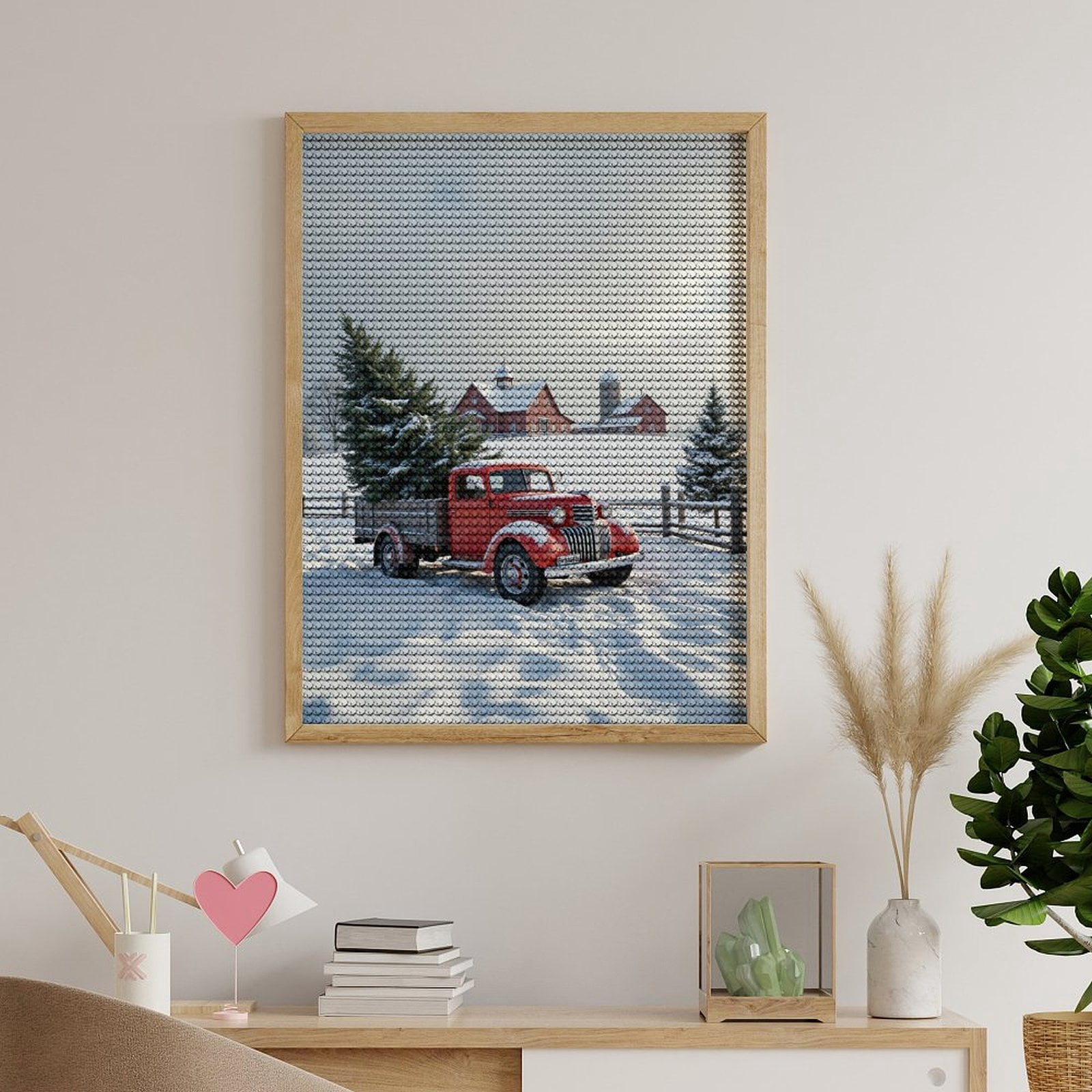 Diamond Art Kits for Adults, Red Truck Snowy Farm Landscape 5D Diamond Painting Kits for Adults Beginners, DIY Full Drill Diamond Painting, Gem Art and Crafts 12x16