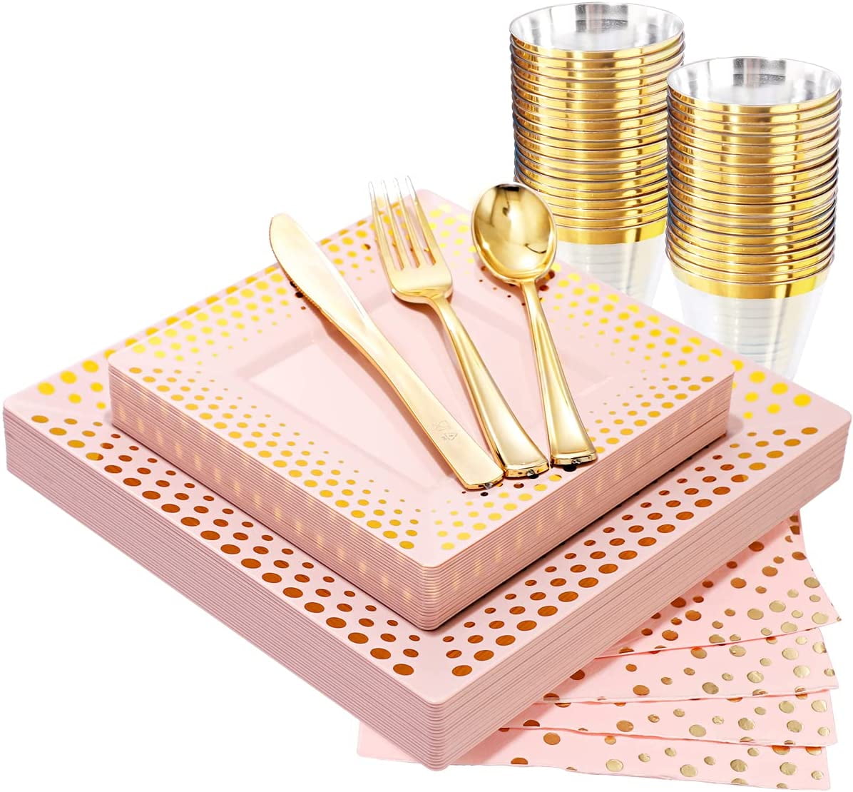 25Guests Pink Plastic Plates with Gold Dot & Gold Disposable Silverware