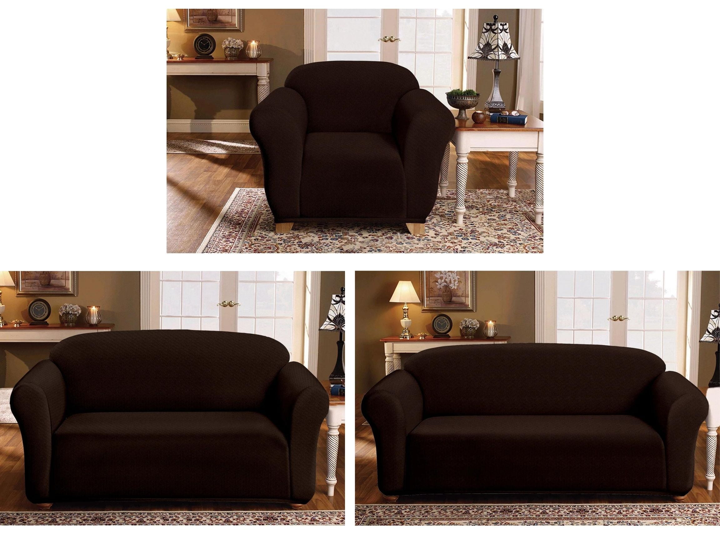 Milan Furniture Slipcover Fitted Protector Couch Cover Jacquard Soft Stretch Non Slip Fabric, Loveseat, Chocolate