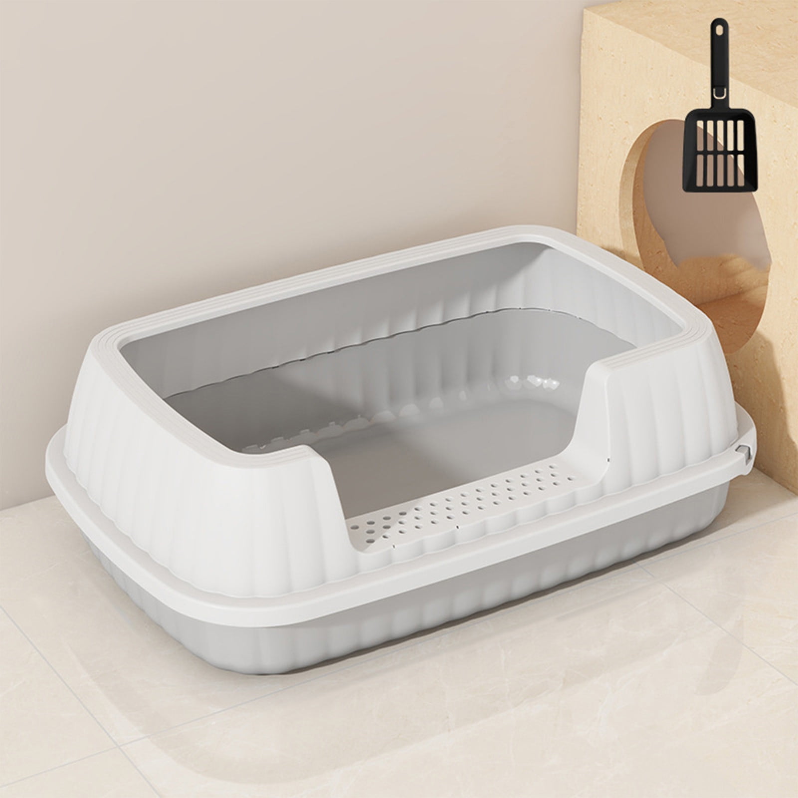 SHENGXINY 2PCS Cat Litter Boxes,Semi Enclosed High Bar Litter Box with Splashs Proof Designs ,Provides Ample Space for Cats Includes Shovel for Kittens Gray 14.37x10.63x5.31in