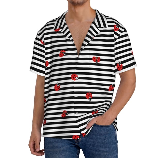 Fotbe Ladybugs on Black and White Striped Camisa Estampada de Manga Corta para Hombre, Casual de Verano, Estilo Playero, Sin Arrugas-Large