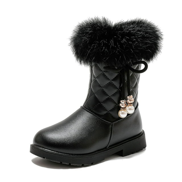 Hjtefg Girls Winter Boots with Bow - Platform Sole Side Zip Snow Booties for Kids, Warm Comfy Solid Color Boots for Cold Weather,Color: 2-Black Size: 9.5-10 Years
