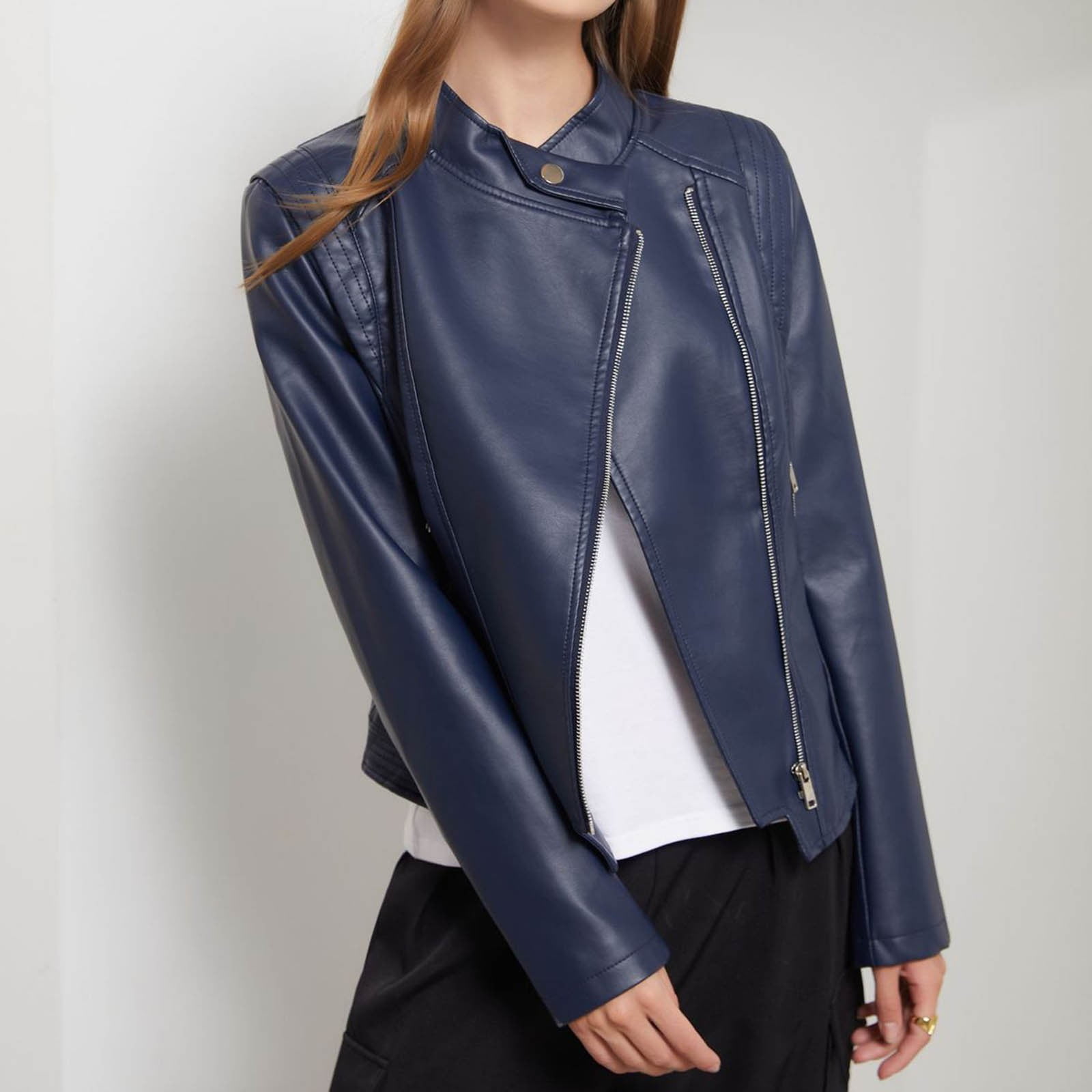 Ashirexll Leather Jacket Women Plus Size Solid Color Long Sleeve Zipper Classic Faux Leather Moto Lightweight Jacket Dark Blue XXL