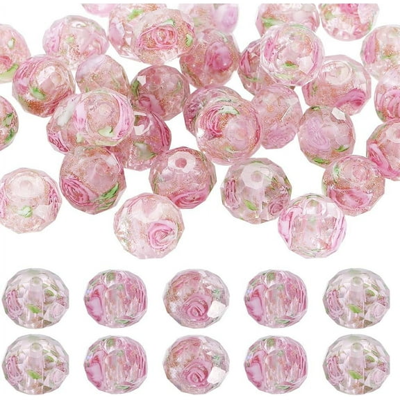 1 Box 40Pcs 9~10mm Gold Sand Lampwork Beads Bulk Lampwork Glass Bead Handmade Pink Rose Floral Round Spacer Lampwork Beads for Bracelets Beading Jewelry Making DIY Necklace Earring Beginners DIY