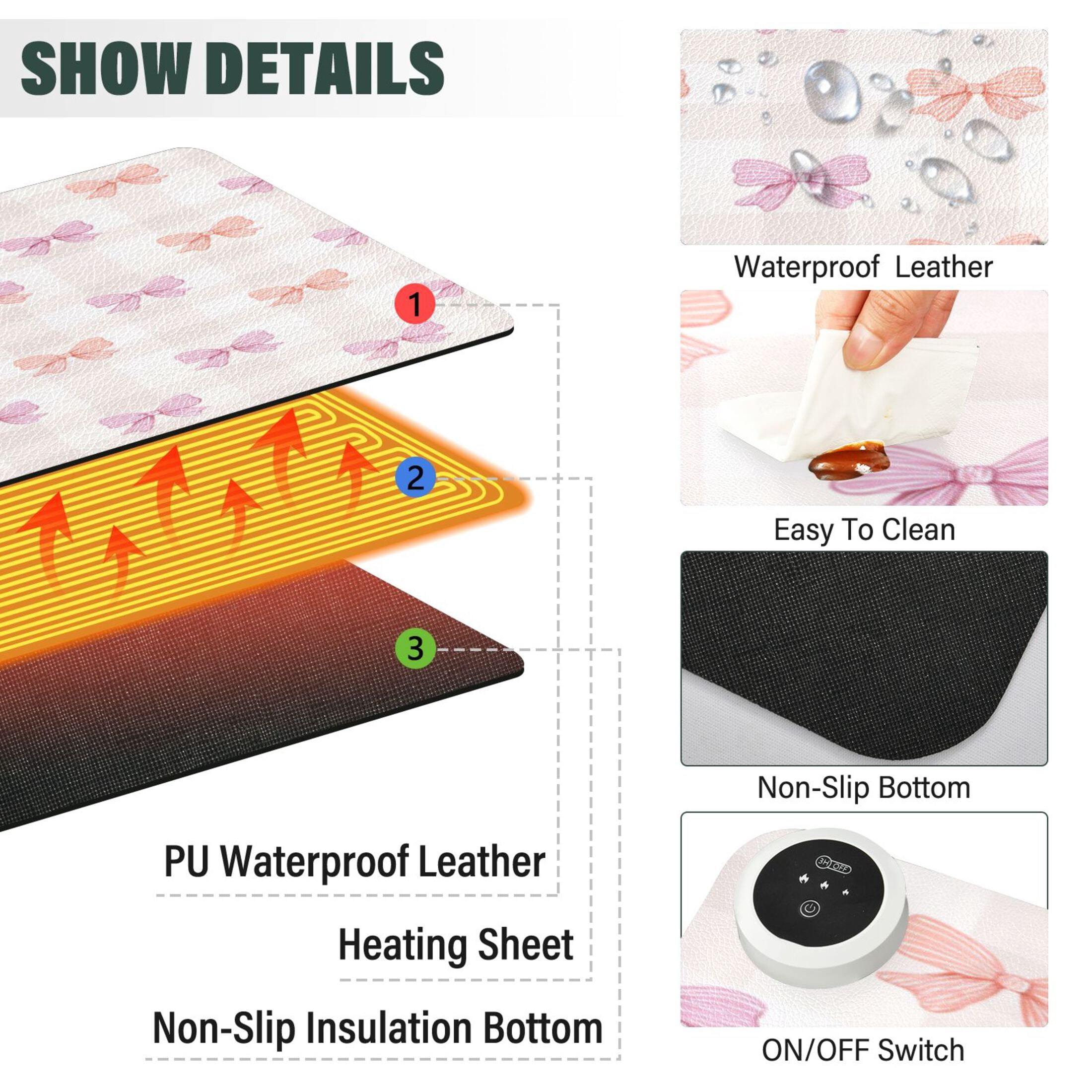 Large Heated Desk Mat Mouse Pad 31.5"x13"PU Leather Graphene Heating Desk Warmer with 3 Temperature Settings 110V US Plug Non-Slip Warm Pad for Home, Office, and Gaming Sweet Pastel Bow Pattern