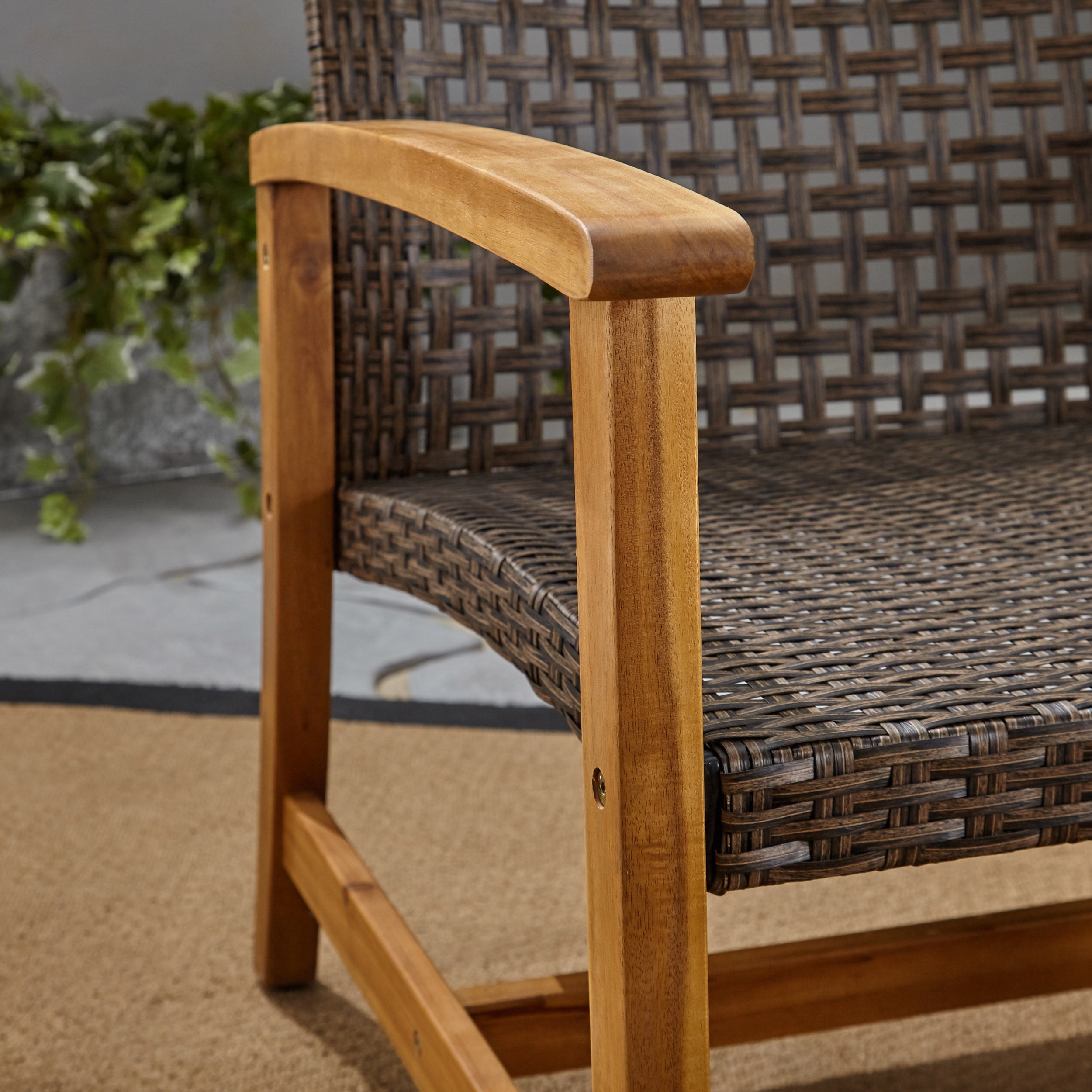 Outdoor Wood Woven Combined 3 Seater Sofa, Large Leisure Couch for Patio Garden, Teak and Brown