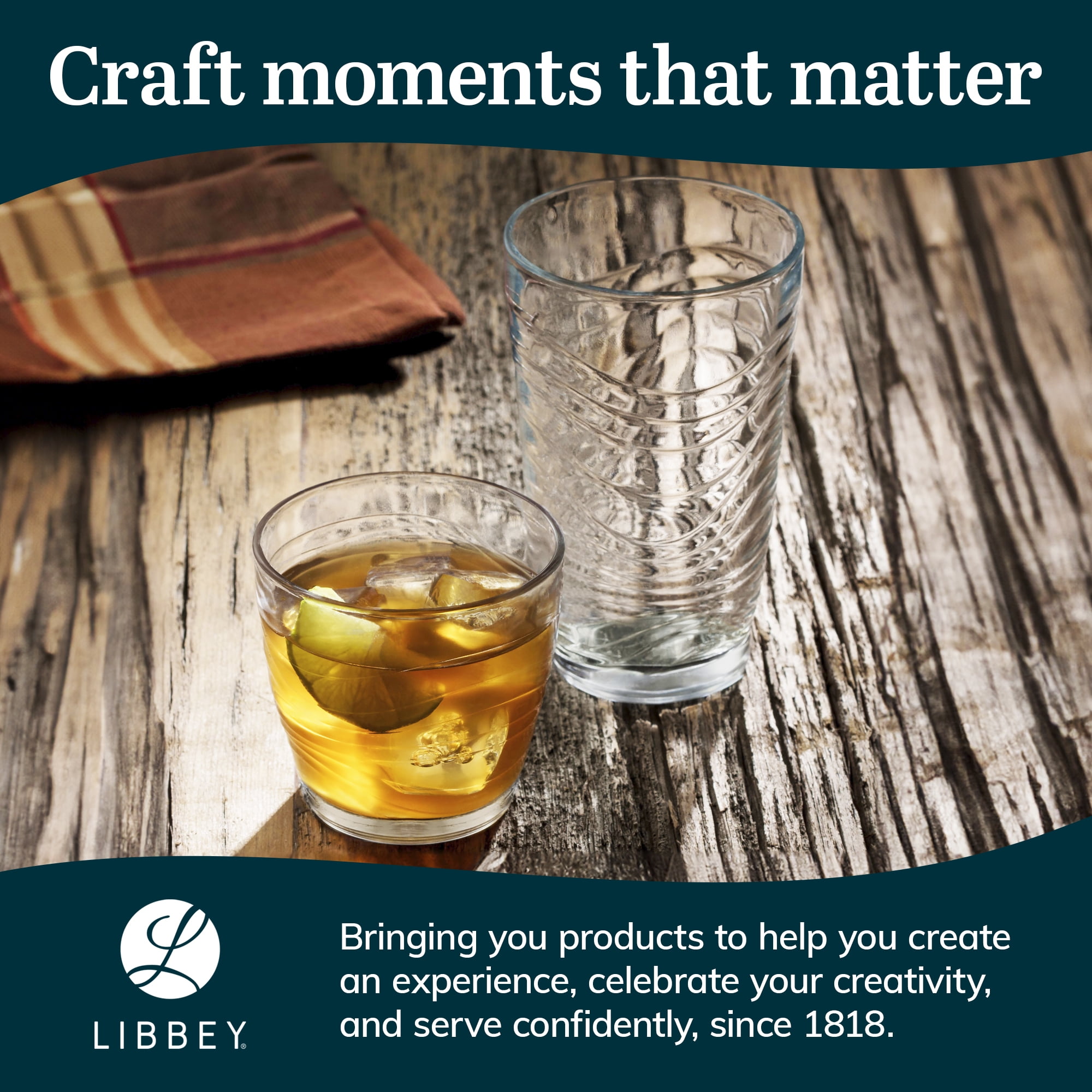 Libbey Orbita Rocks and Tumbler Drinking Glasses Set of 16, Durable Glass Cups Set with Wave Pattern, Glassware Drinking Glasses for Any Occasion