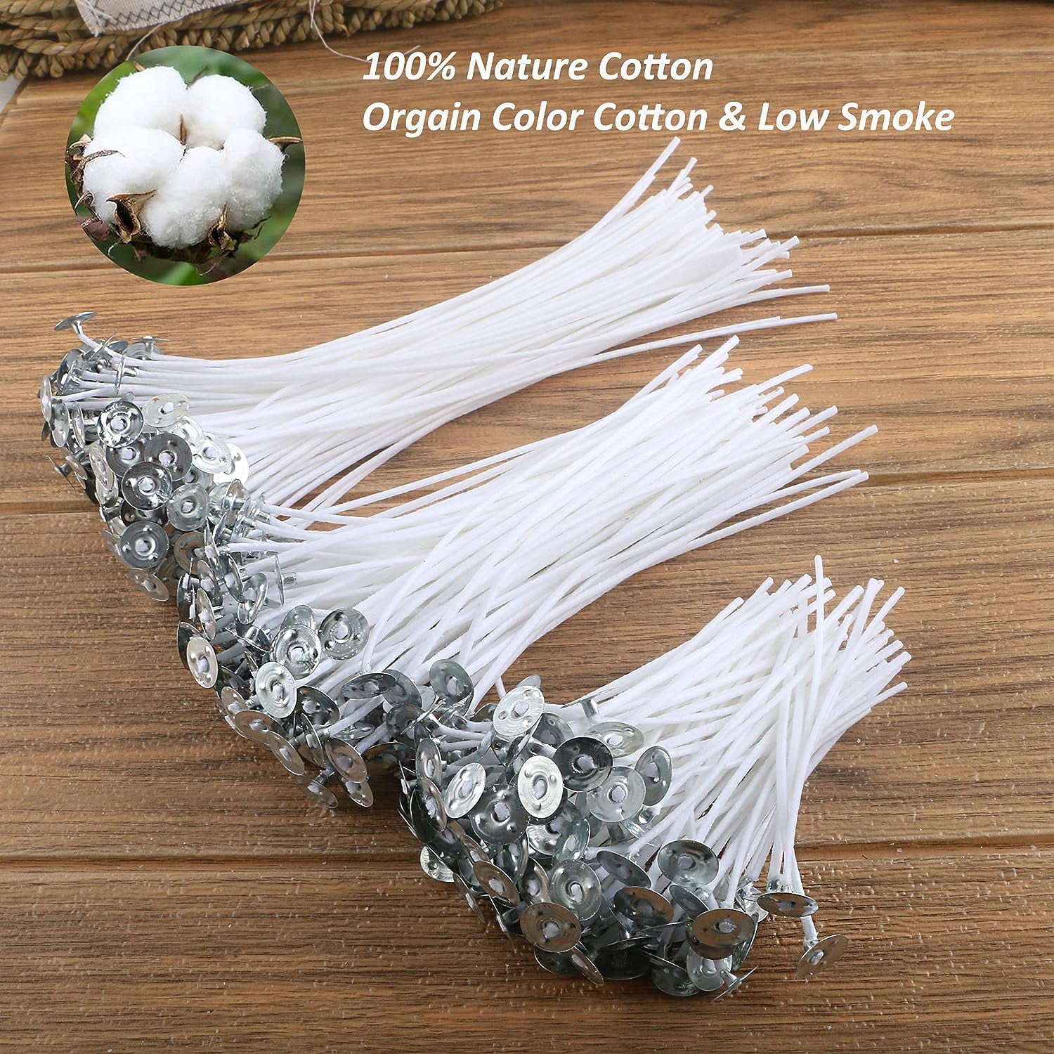 300pcs Cotton Candle Wicks (3.5"/6"/8"), 300pcs Stickers, 6pcs Wooden Wick Holders - Candle Making Kit