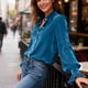thumbnail image 5 of Ounisa Women's Velvet Tops Dressy Casual Long Sleeve Smocked Work Blouses Trendy Blusas Elegantes Button Down Shirts, 5 of 7