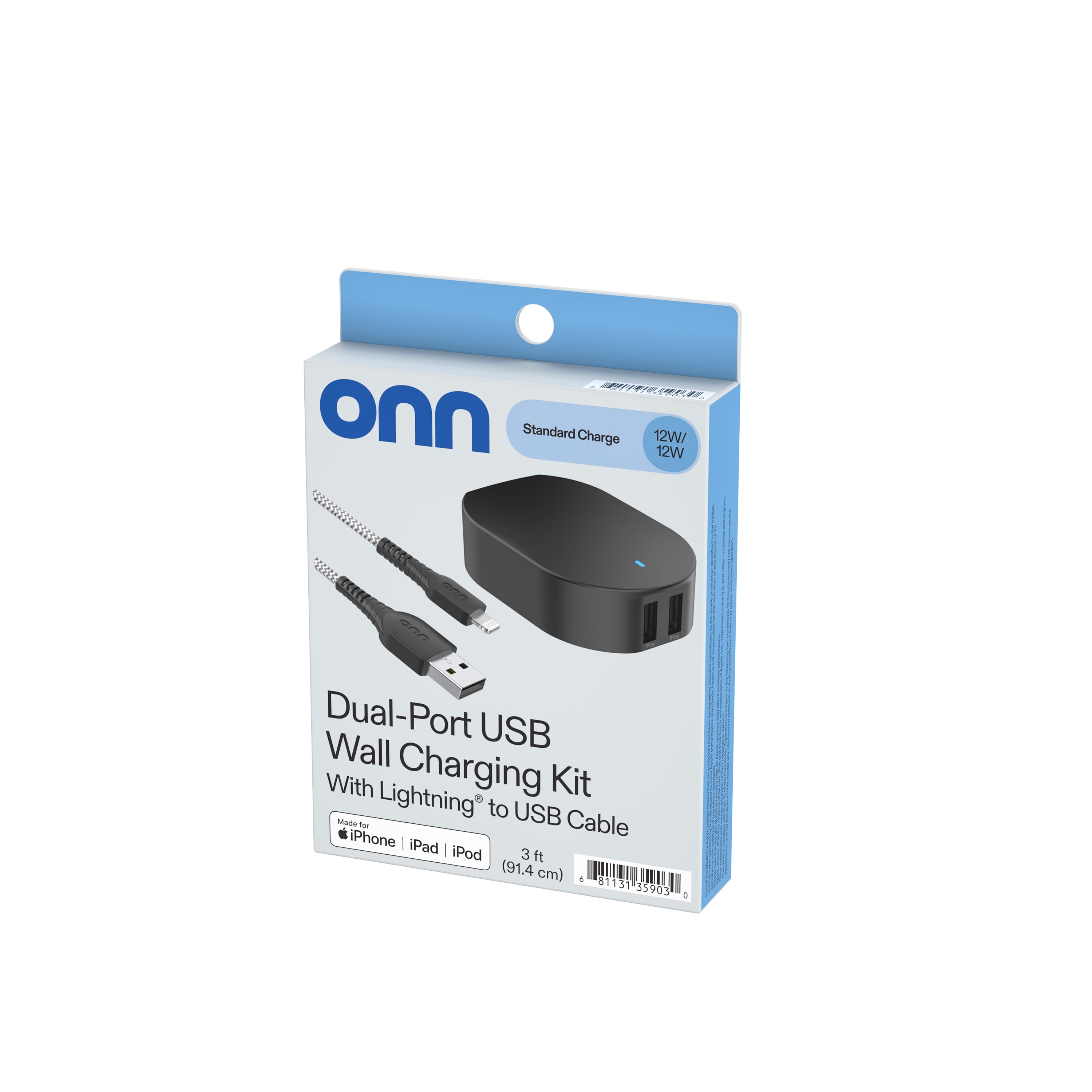 onn 24W Dual USB-A Port Wall Charger with 3ft Lighting Cable to USB, MFI Certified, Foldable Plug, Black - Compatible with iPhone 14/13/12/11/X/XR/XS/8/7/6/5, iPad, Airpods, and more