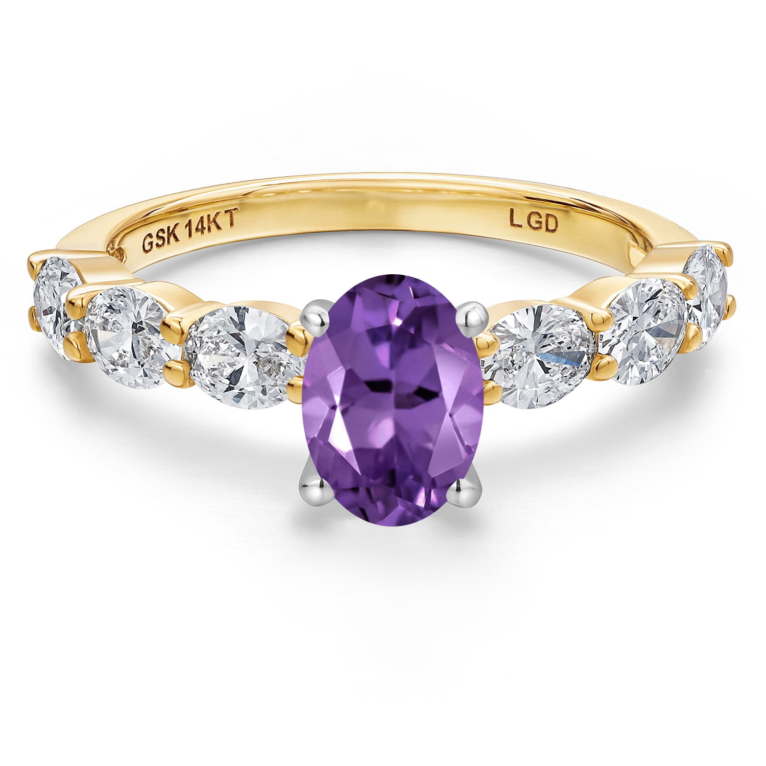 Gem Stone King 14K Two Tone Gold Purple Amethyst and Lab Grown Diamond Engagement Ring for Women | 1.65 Cttw | Oval 7X5MM | Gemstone February Birthstone | Size 8