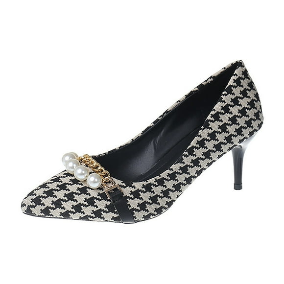 asddcavvf European And American Women's Pointed High Heel Pearl Chain Fashion Casual Shoes