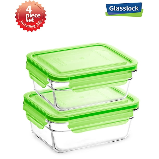 Glasslock 2 Container Green Lid Rectangular Oven Safe Food Storage Set