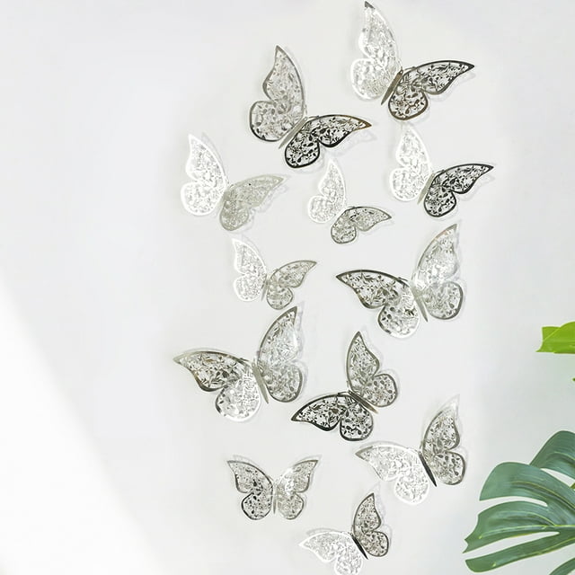 3D Butterfly Wall Stickers, 12 Pcs 12 Styles 3 Sizes, Removable Metallic Wall Sticker Room Mural Decals Decoration for Kids Bedroom Nursery Classroom Party Wedding Decor DIY Gift