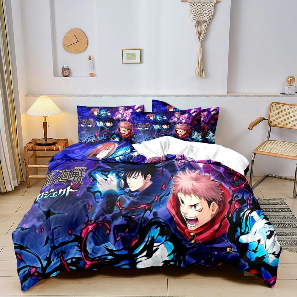 Anime Jujutsu Kaisen Duvet Cover Bedding Set,3D Anime Soft Comfortable Quilt Cover Twin Full Queen King Size with Pillowcases (Color 1, Twin)