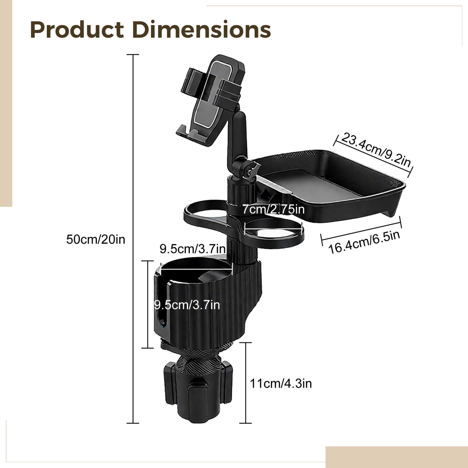 6-in-1 Car Cup Holder Expander with Tray & Phone Mount, Multi Car Food Tray with 360° Rotation Adjustable Base, Car Cup Holder Organizer for Drinks, Snacks, Gray