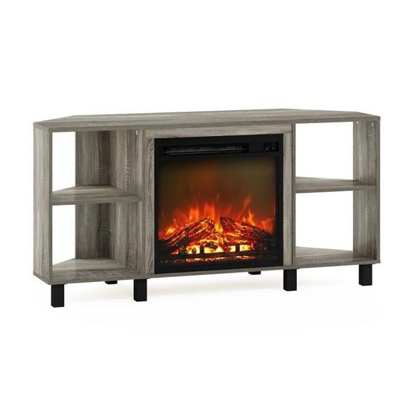 Jensen Metal Leg Corner Fireplce TV Stand with 4 Open Compartment for TV up to 55 in., French Oak Grey