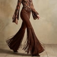 thumbnail image 6 of Karymi Women's Shorts Western Style Fringe Bell Bottom Trousers, Solid High Waist Flare Long Pants, Slim Fit Stretch Retro Cowboy Pants , Belt Not Included Linen&nbsp;Pants&nbsp;Women, 6 of 6