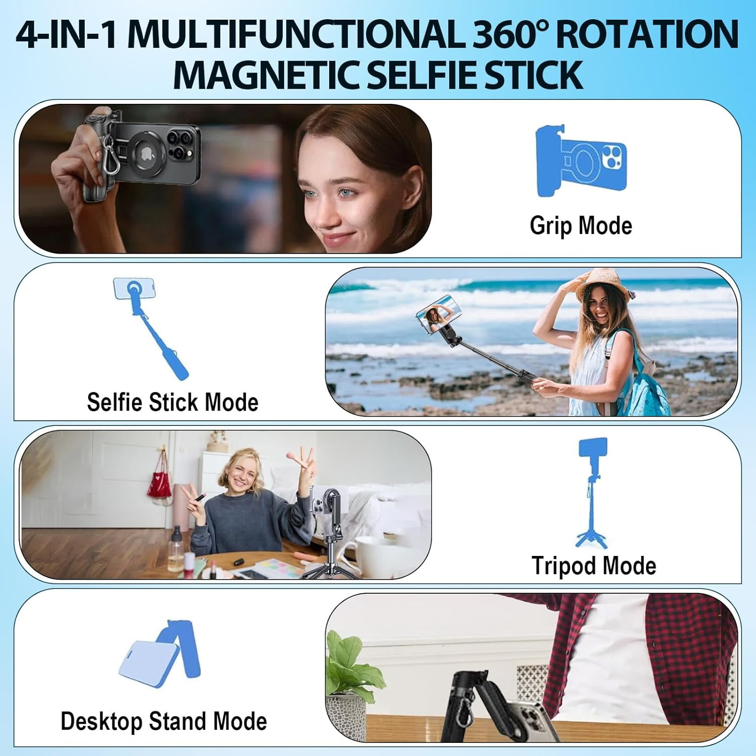 Magnetic Pocket Selfie Stick, 2026 New 4-in-1 Multifunctional 360° Rotation Magnetic Selfie Stick with Wireless Remote Control, Extendable Mag Tripod Phone Stand