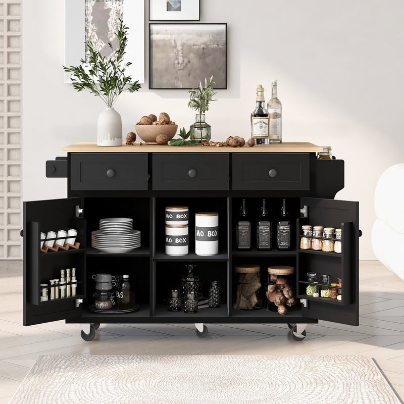 HICOMILA Kitchen Island Cart with Drop Leaf, Rolling Kitchen Island on Wheels with Storage Cabinet, Rubber Wood Countertop, 5 Drawers & Cabinet Door Storage Racks, Black