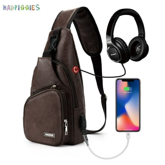 BadPiggies Men's PU Leather Sling Bags Small Chest Shoulder Crossbody Messenger Travel Hiking Multipurpose Daypack Backpack (Dark Brown)