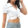 thumbnail image 1 of EQWLJWE Chemises pour Femmes en Solde, Manches Courtes, Décontracté, Croisé devant, Bandage, Manches Bouffantes, Col Poupée, 1 of 5