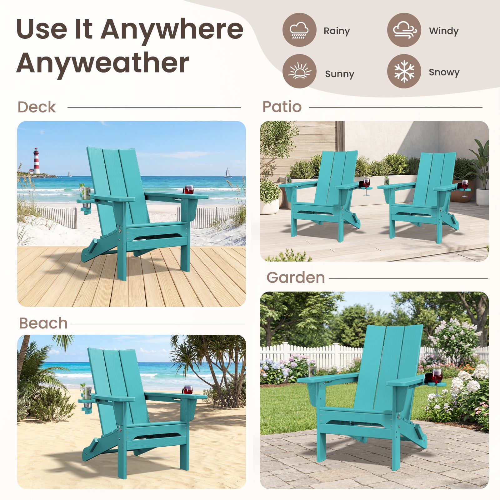 RIAFUN HDPE Foldable Adirondack Chair, Outdoor Patio Chair with 2 Cup Holders, Heavy Duty All-Weather Seating for Lawn,Porch,Deck,Backyard, Peacock Blue