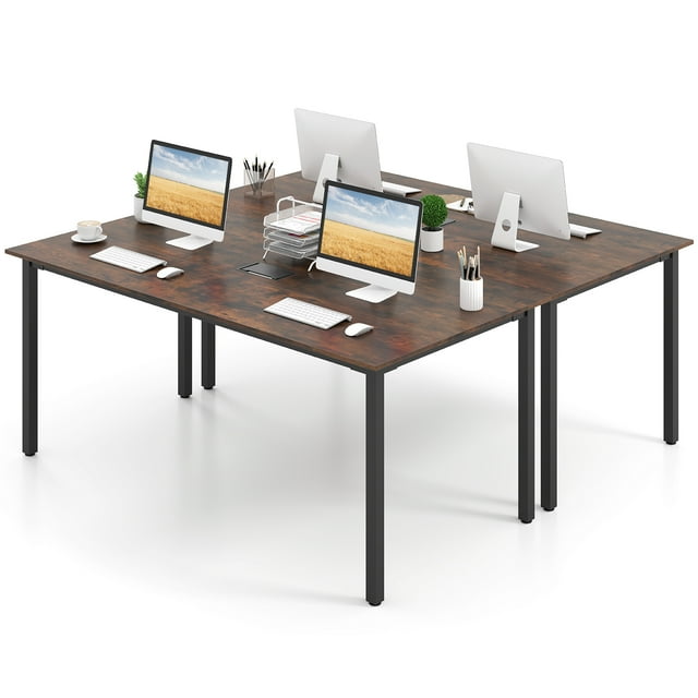 Gymax 2 Pcs Grande Table de Bureau avec Passe-Câbles Pieds en Métal Robustes pour Salle de Bain